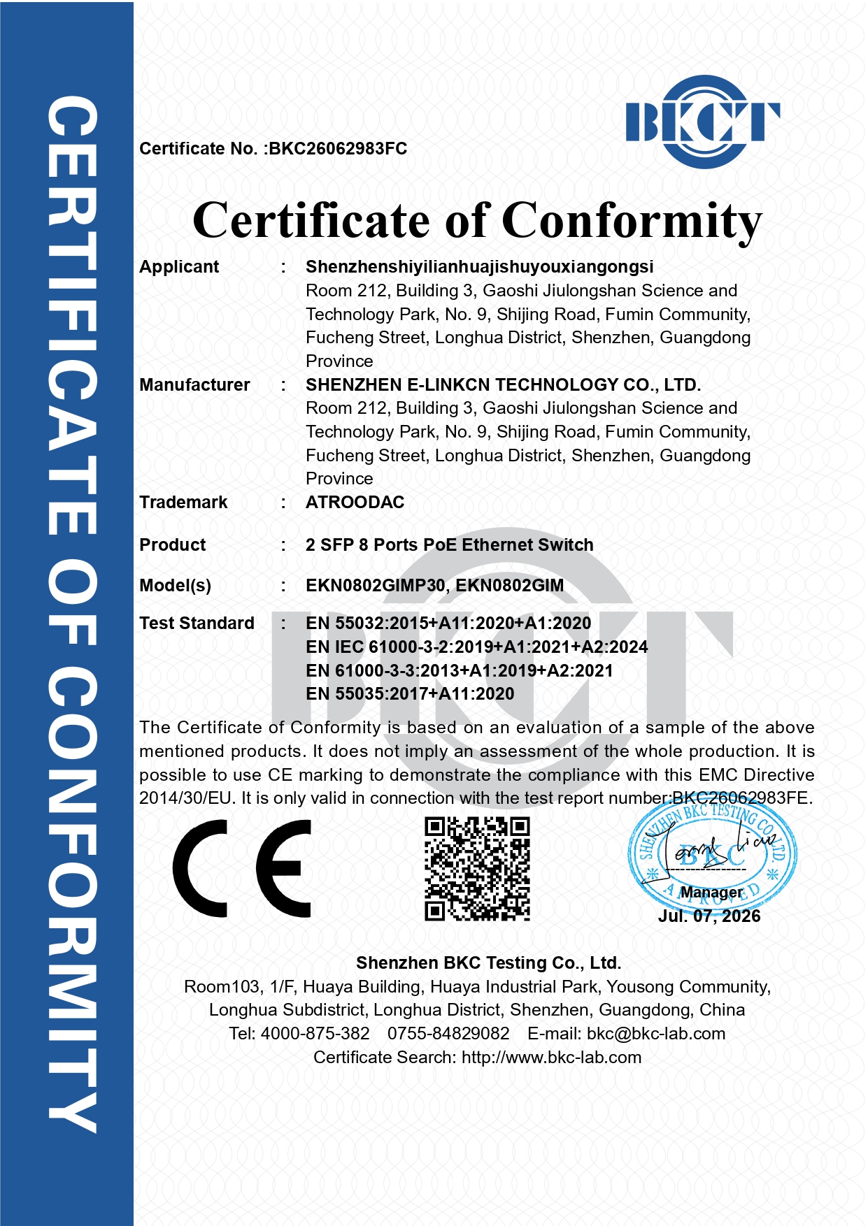 BKC26062983FC-shenzhenshiyilianhua-2 SFP 8 Ports PoE Ethernet Switch-EMC Cert(证书签名)_page-0001